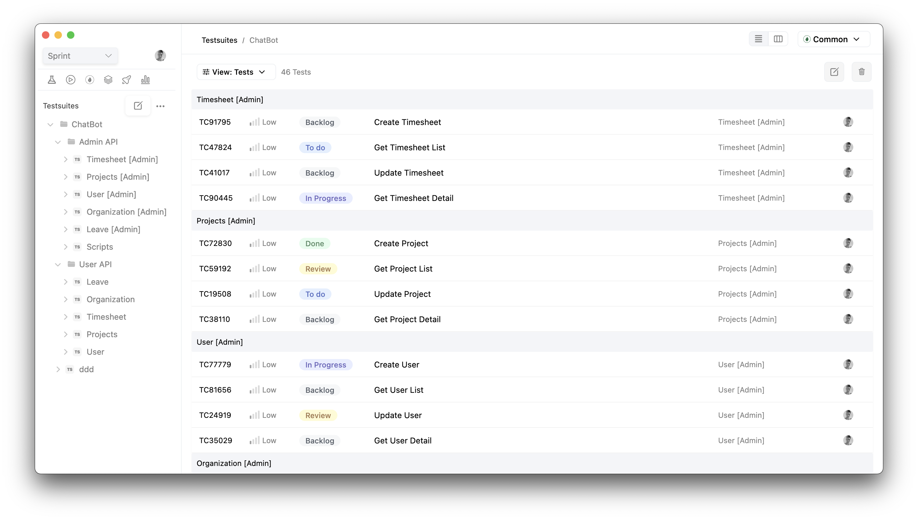Organize your sprint test management effortlessly with a user-friendly list view that groups all test cases based on their respective test suites.
